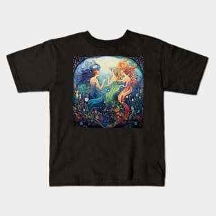 Trio of mermaids floating in color Kids T-Shirt